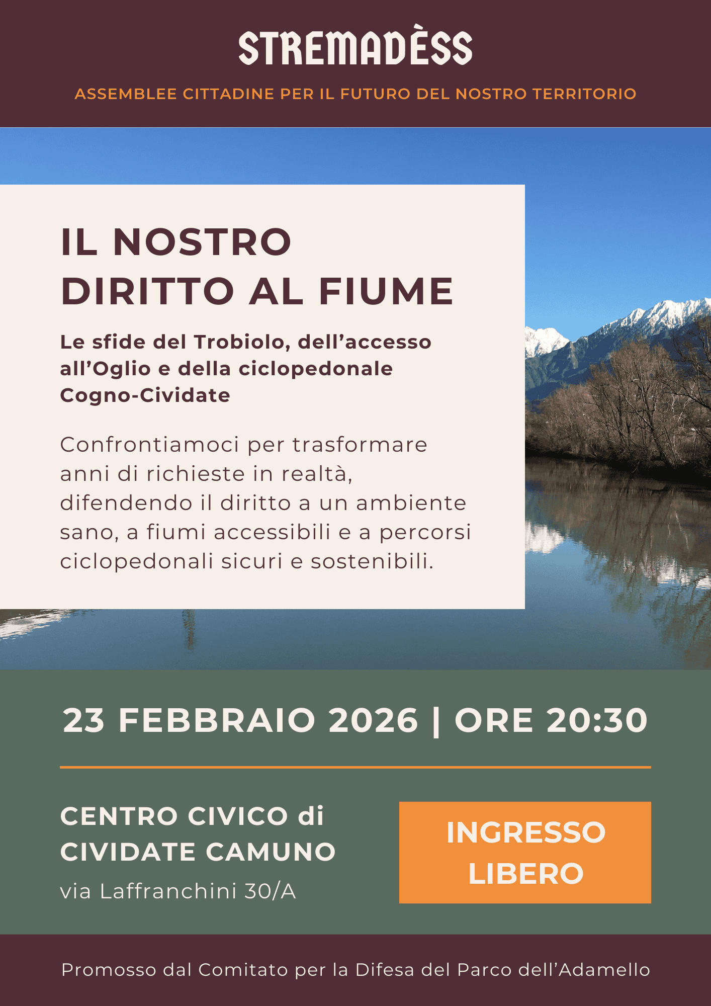 Locandina prima Stremadess a Cividate Camuno intitolata "Il nostro diritto al fiume"